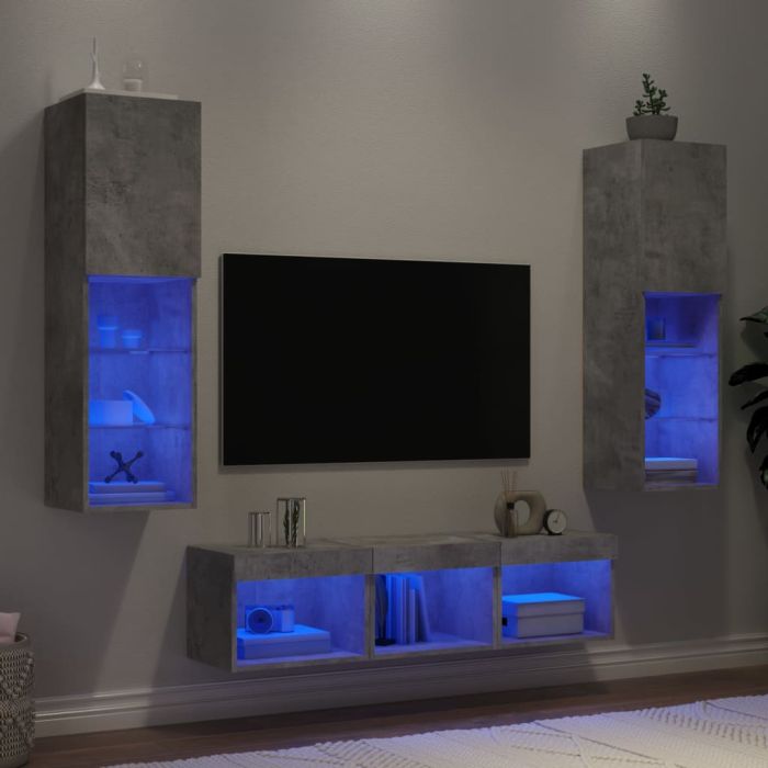 5 Piece TV Wall Units with LED Concrete Grey Engineered Wood
