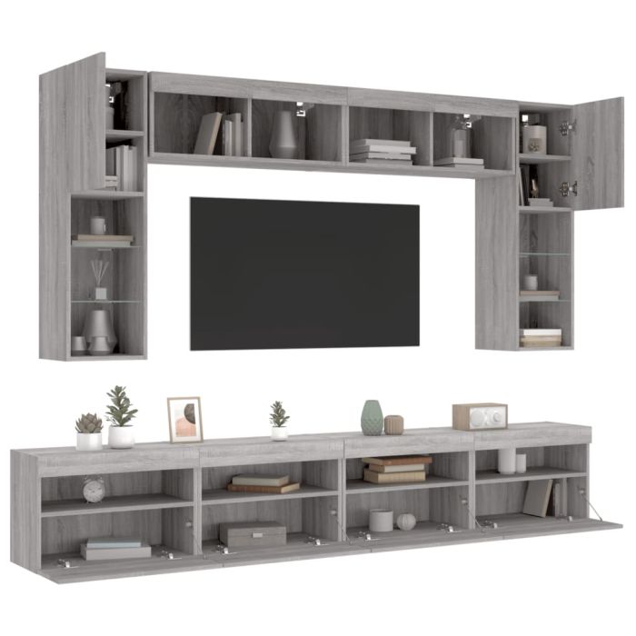 8 Piece TV Wall Cabinet Set with LED Lights Grey Sonoma