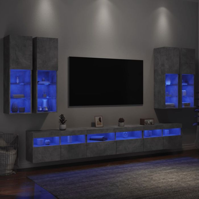 7 Piece TV Wall Cabinet Set with LED Lights Concrete Grey
