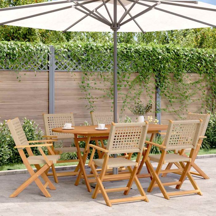 Folding Garden Chairs 6 pcs Beige Poly Rattan and Solid Wood - vid-3214563