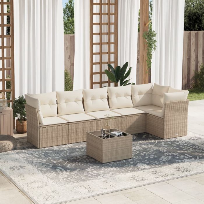 7 Piece Garden Sofa Set with Cushions Beige Poly Rattan