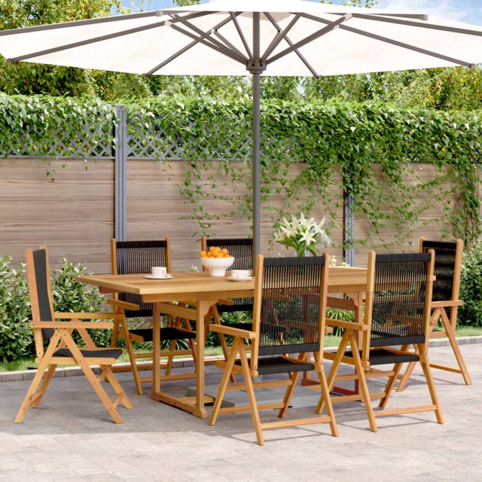 7 Piece Garden Dining Set Black Polypropylene and Solid Wood