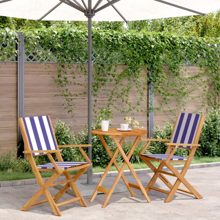 3 Piece Bistro Set Blue and White Fabric and Solid Wood - vid-3281801
