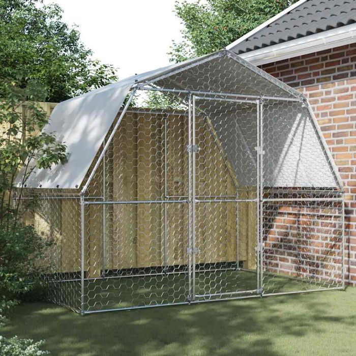 Chicken Cage with Roof and Door Silver Galvanised Steel - vid-3294910