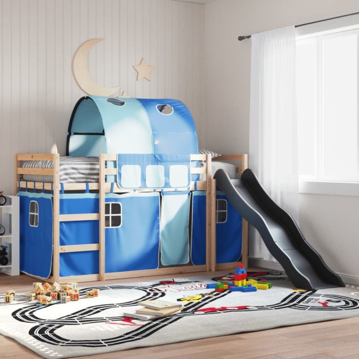 Bunkbed with Slide and Curtains Blue 90x200cm