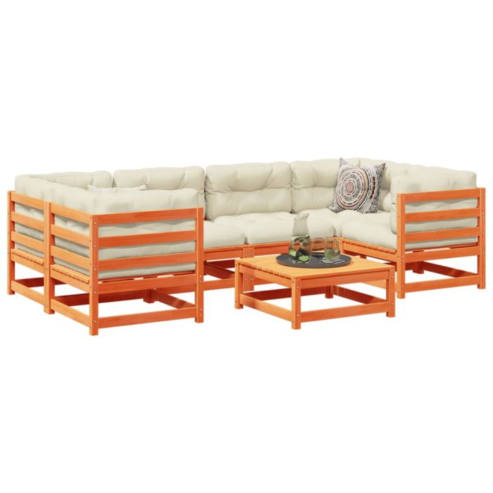 7 Piece Garden Sofa Set Wax Brown Solid Wood Pine - vid-3299309