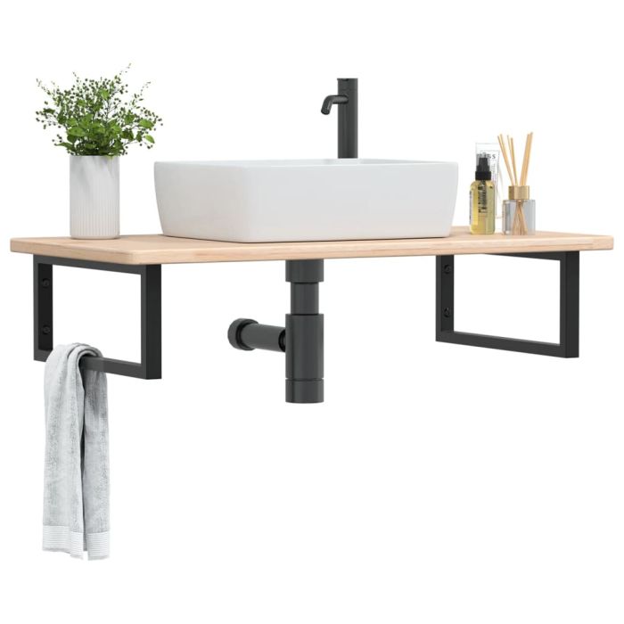 Basin Shelf Wall Mounted Steel and Solid Wood Oak - vid-3302385