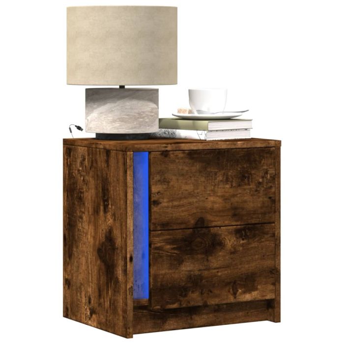 Bedside Cabinet with LED Lights Smoked Oak Engineered Wood - vid-852055