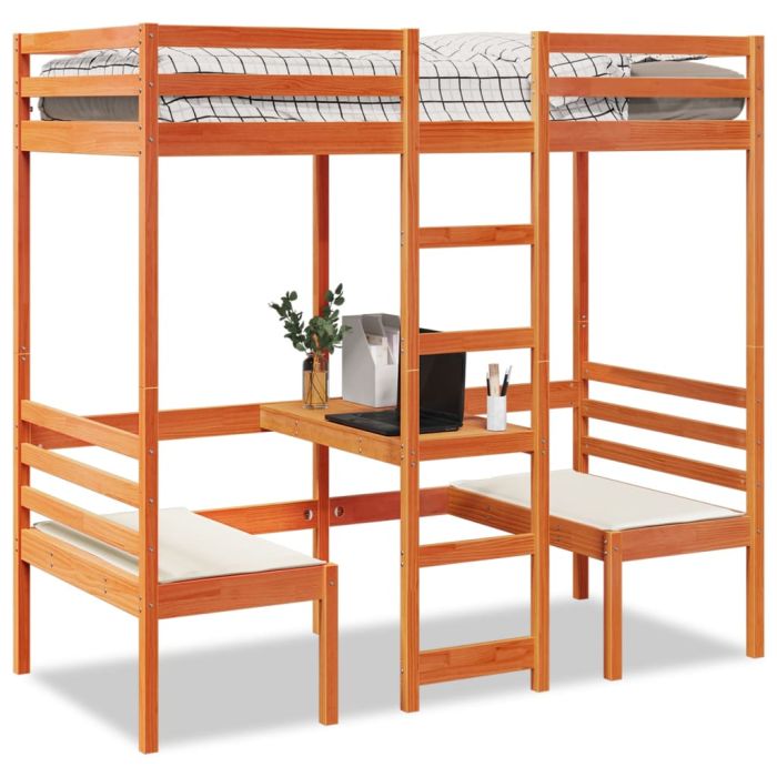Loft Bedframe with Desk and Chairs Wax Brown 75x190cm Solid Wood Pine