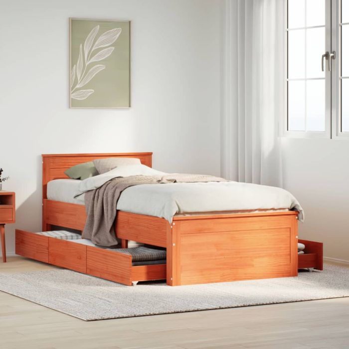 Bedframe with Headboard Wax Brown 90x200cm Solid Wood Pine