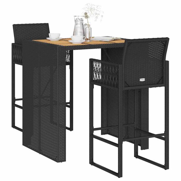 SARBRO 3 Piece Garden Bar Set without Cushions Poly Acacia Rattan - Black