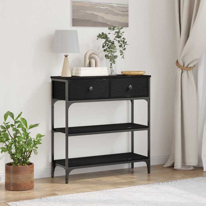 Console Table Black Oak 72,5x25x75 cm Engineered Wood & Steel