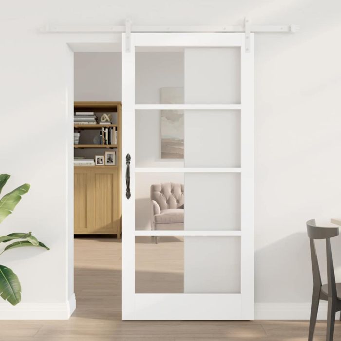 Sliding Door with Hardware Set "ORKDAL" White Solid Wood & Glass