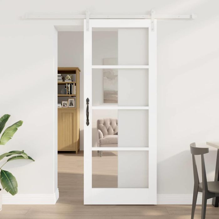 Sliding Door with Hardware Set "ORKDAL" White Solid Wood & Glass