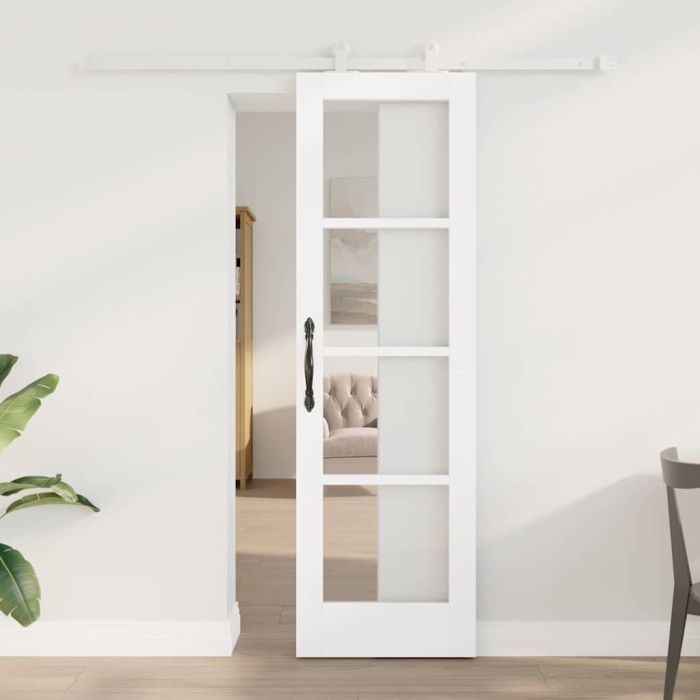 Sliding Door with Hardware Set 'ORKDAL'White Solid Wood & Glass