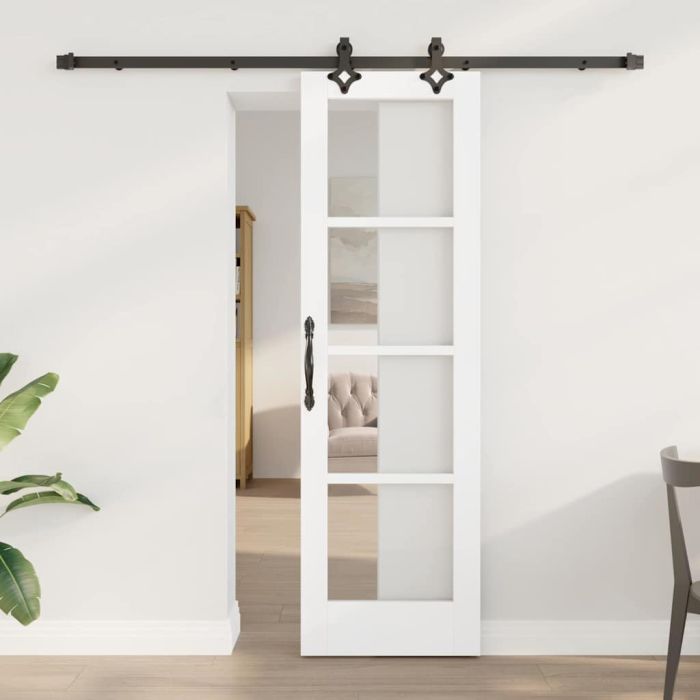 Sliding Door with Hardware Set 'ORKDAL'White Solid Wood & Glass