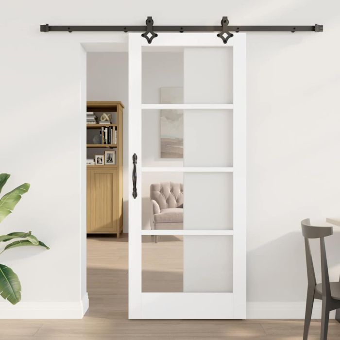 Sliding Door with Hardware Set "ORKDAL" White Solid Wood & Glass