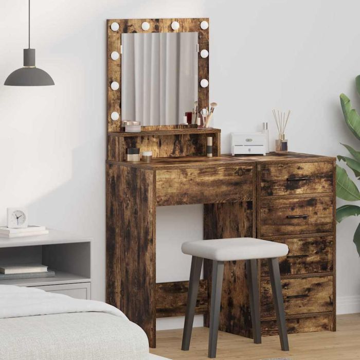 Makeup Table with LED Lights - Smoked Oak 50x41x135 cm