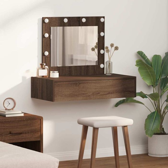 Wall Hanging Dressing Table with LED Lights Brown Oak