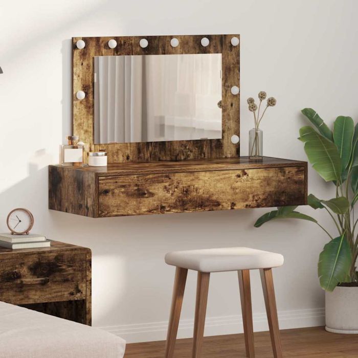 Wall Hanging Dressing Table with LED Lights in Smoked Oak