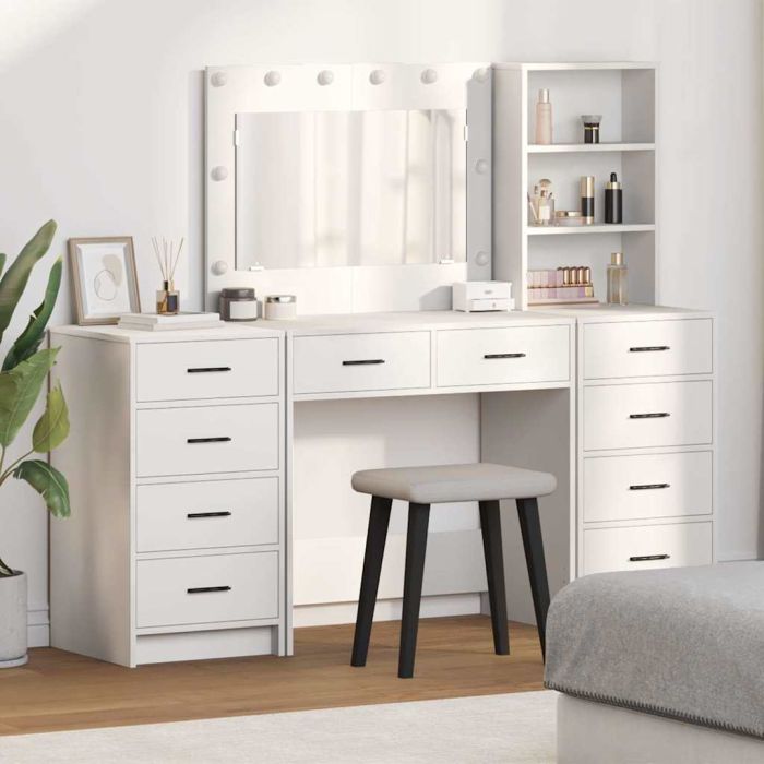 3-Piece Dressing Table Set with LED - White Engineered Wood