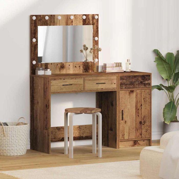 2-Piece Dressing Table Set with LED in Old Wood Finish