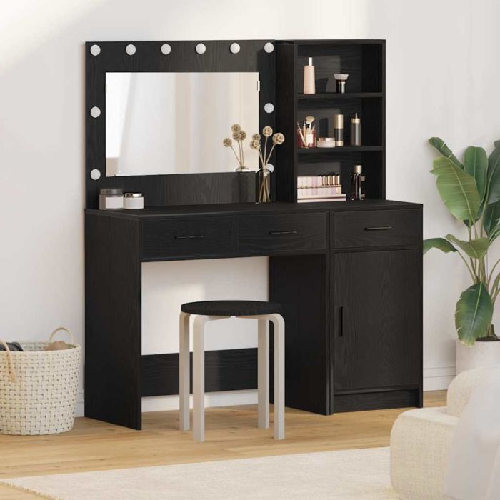 2 Piece Dressing Table Set with LED Black Engineered Wood