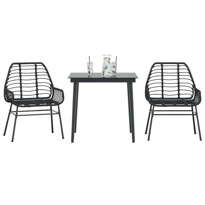 TEUFORD 3 Piece Garden Dining Set Poly Glass Rattan - Black