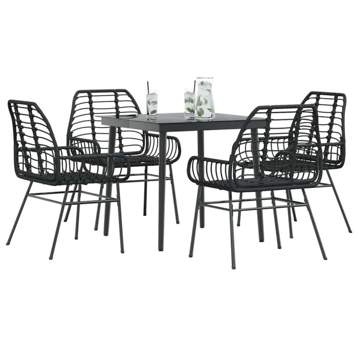 TEUFORD 5 Piece Garden Dining Set Poly Glass Rattan - Black