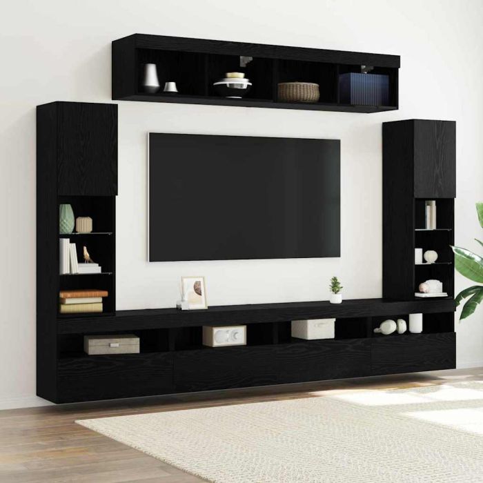 8 Piece TV Wall Units with LED Black Oak Engineered Wood