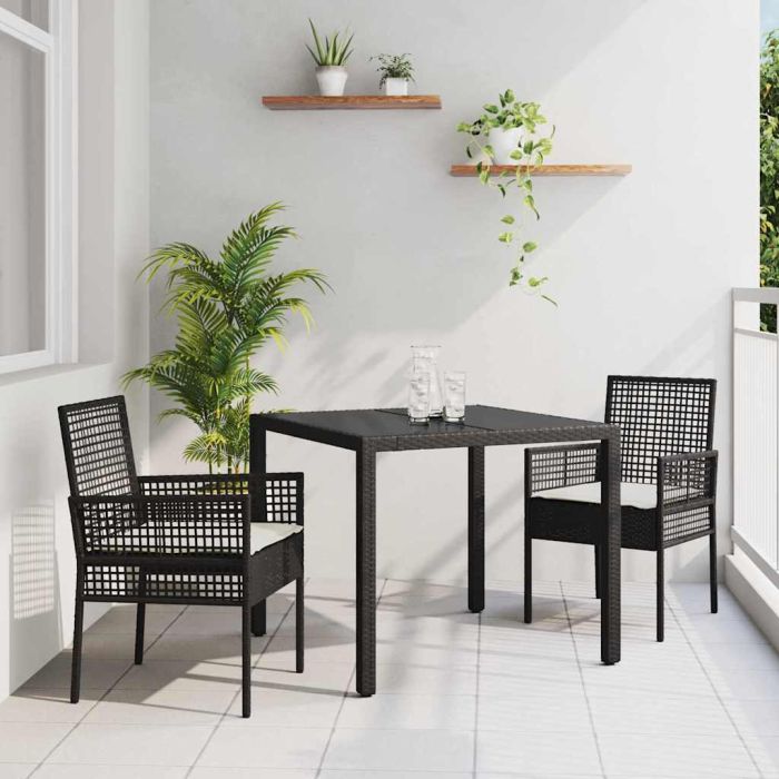 3 Piece Garden Dining Set with Cushions Black Poly Rattan