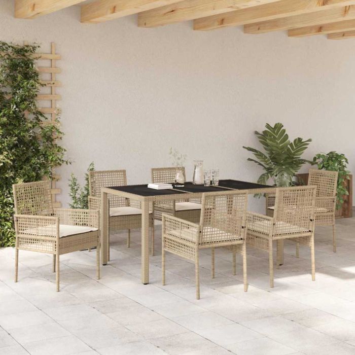 7 Piece Garden Dining Set with Cushions Beige Poly Rattan