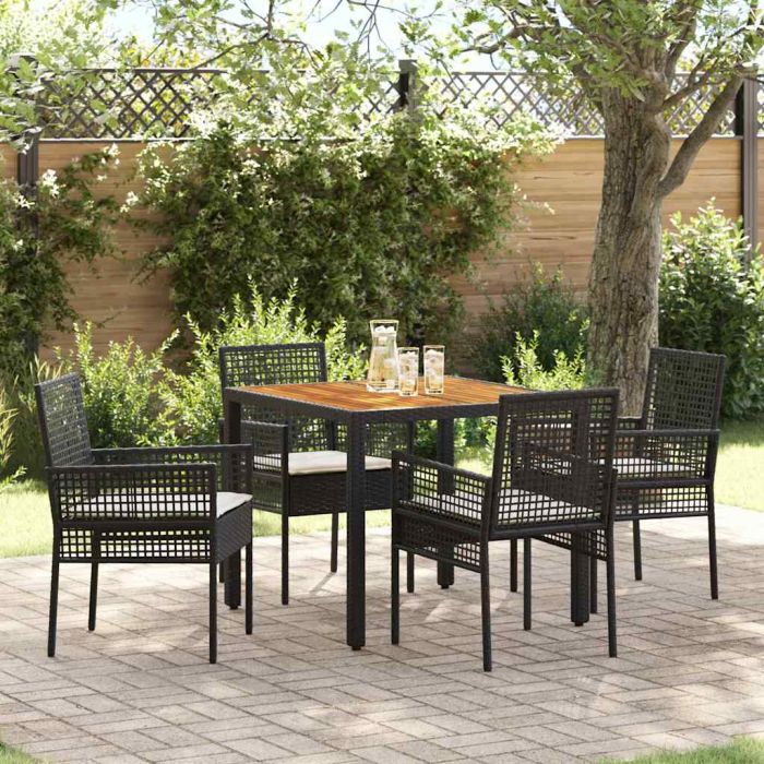 5 Piece Garden Dining Set with Cushions Black Poly Rattan