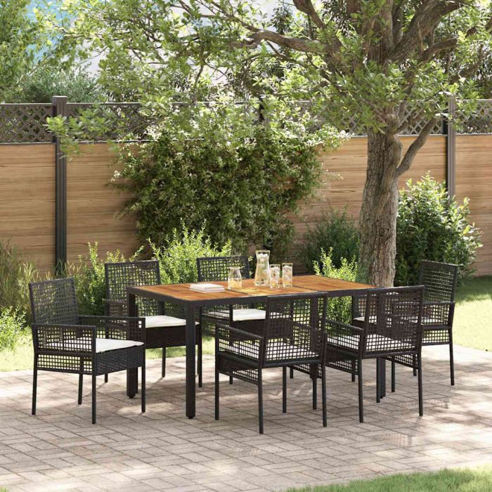 7 Piece Garden Dining Set with Cushions Black Poly Rattan