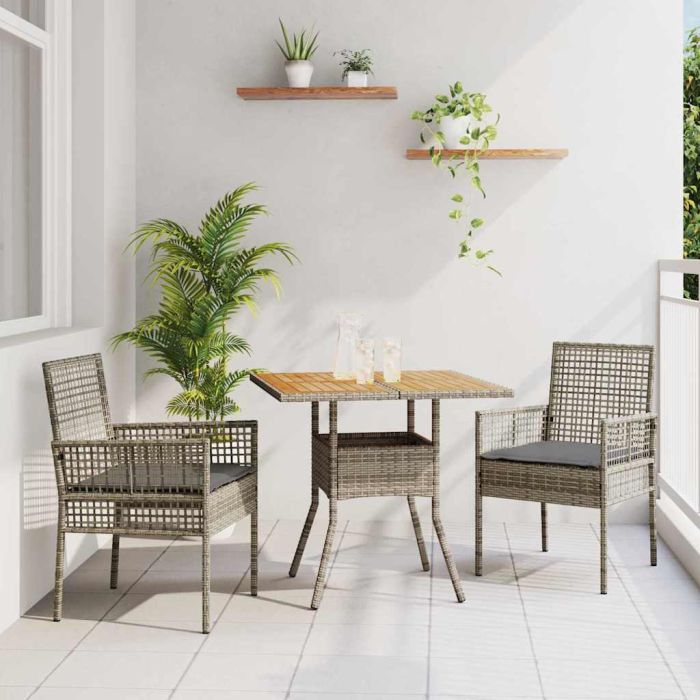 3 Piece Garden Dining Set with Cushions Grey Poly Rattan