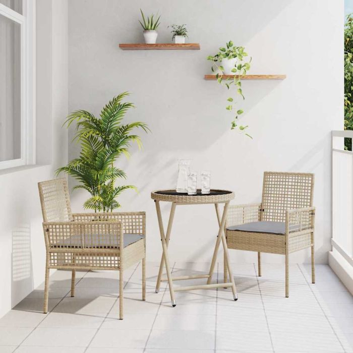 3 Piece Garden Bistro Set with Cushions Beige Poly Rattan