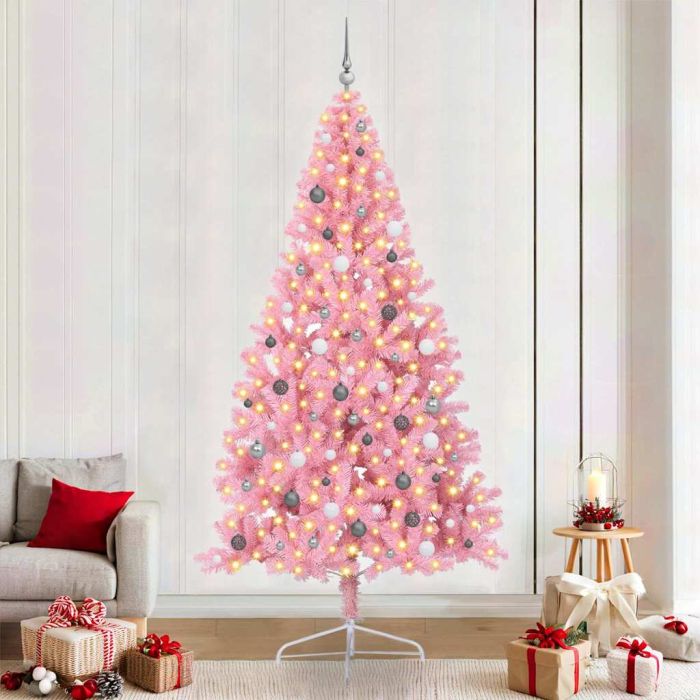 BRIWIN Artificial Pre-lit Christmas Tree with 300 LEDs Pink 240 cm PVC