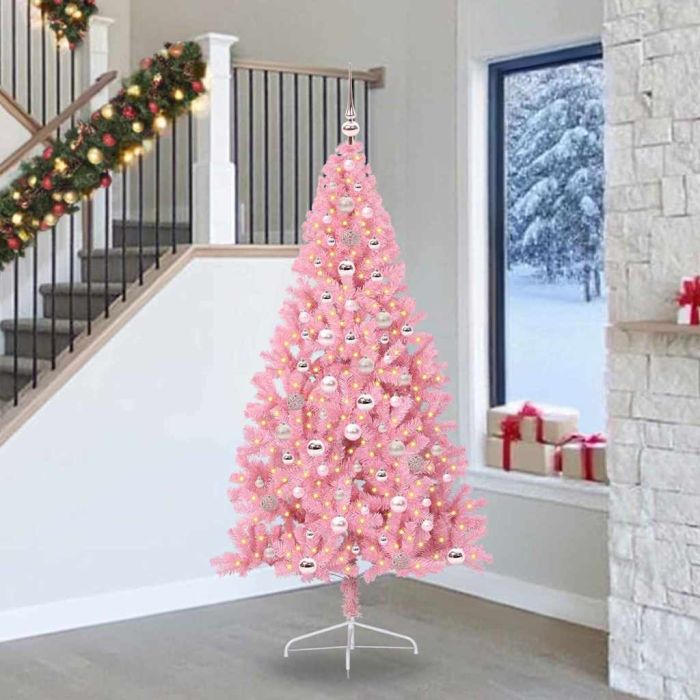 BRIWIN Artificial Pre-lit Christmas Tree with 300 LEDs Pink 240 cm PVC