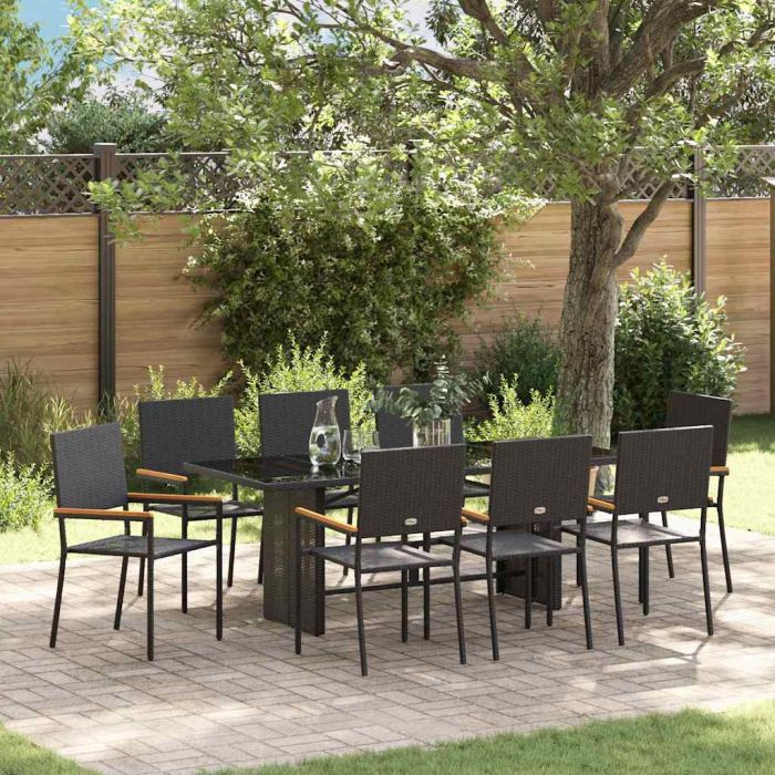 9 Piece Garden Dining Set Black Poly Rattan