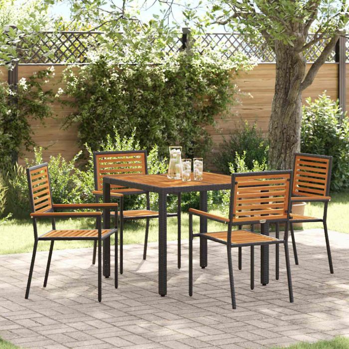 5 Piece Garden Dining Set Black Poly Rattan Acacia