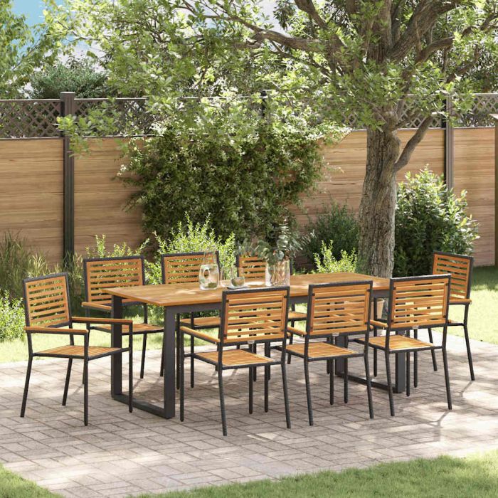 9 Piece Garden Dining Set Black Poly Rattan Acacia