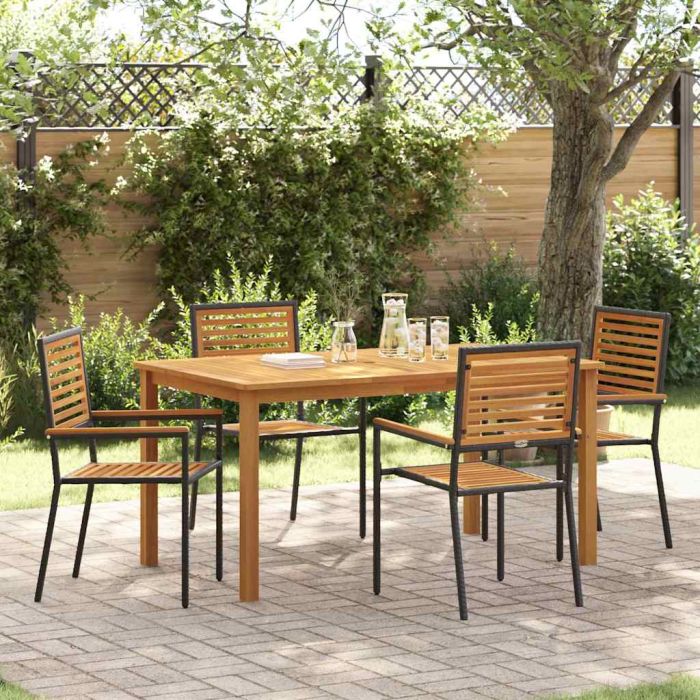 5 Piece Garden Dining Set Black Poly Rattan Acacia