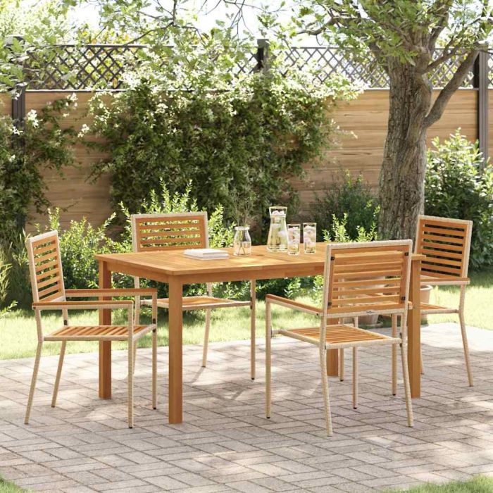 5 Piece Garden Dining Set Beige Poly Rattan Acacia