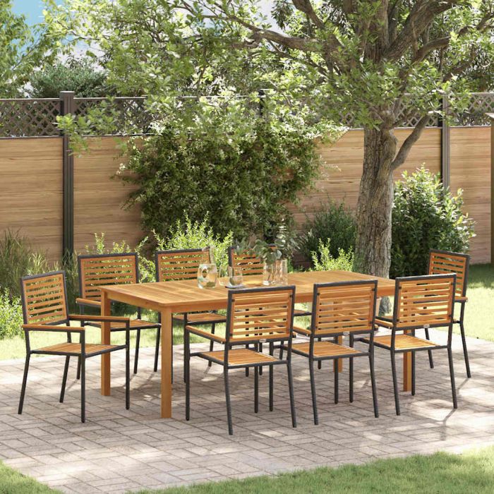 9 Piece Garden Dining Set Black Poly Rattan Acacia