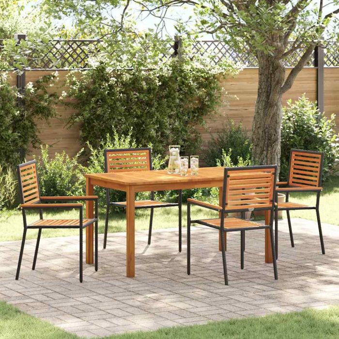 5 Piece Garden Dining Set Black Poly Rattan Acacia