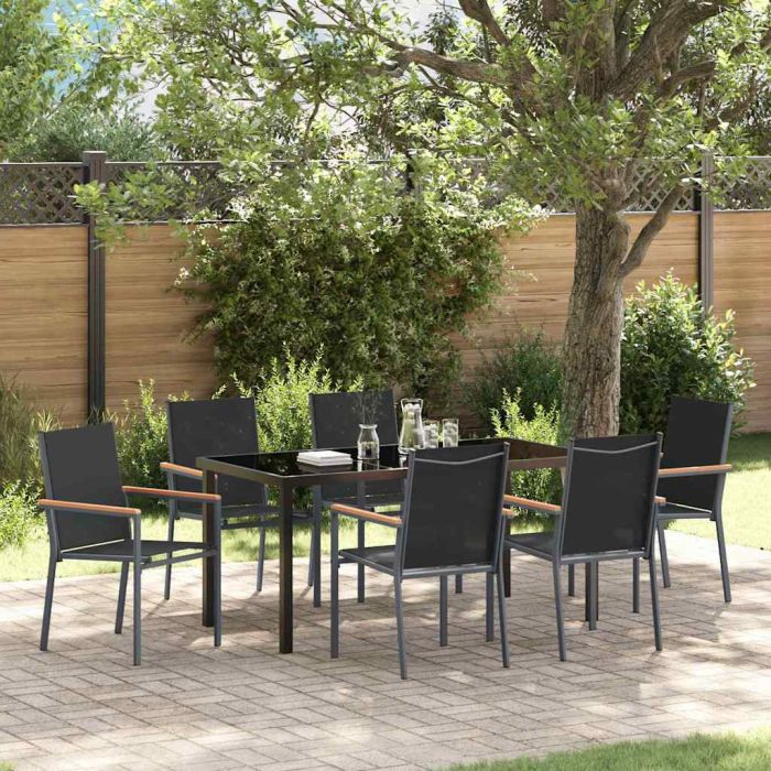 7 Piece Garden Dining Set Black Textilene and Steel