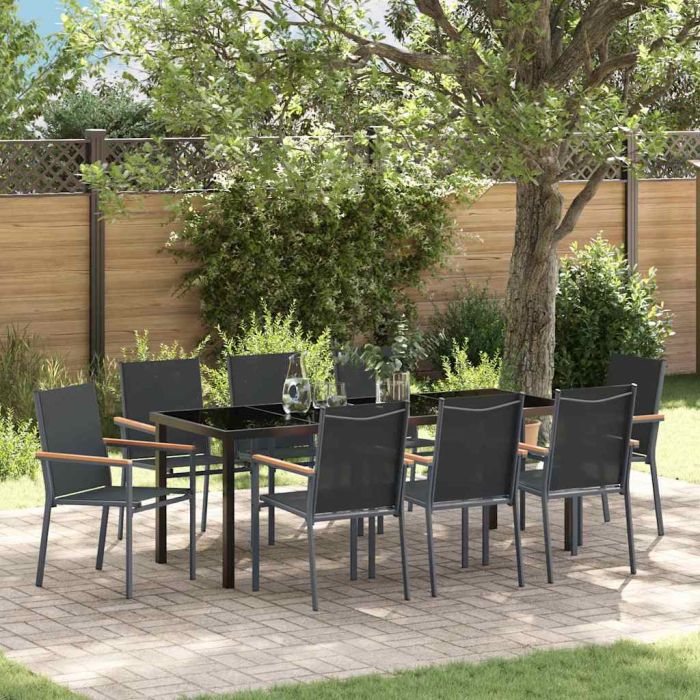 9 Piece Garden Dining Set Black Textilene and Steel