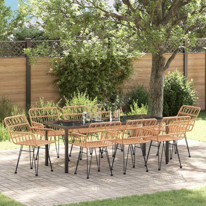 9 Piece Garden Dining Set Brown Poly Rattan