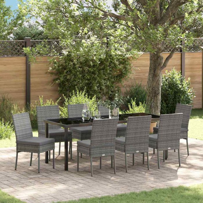9 Piece Garden Dining Set Grey Poly Rattan