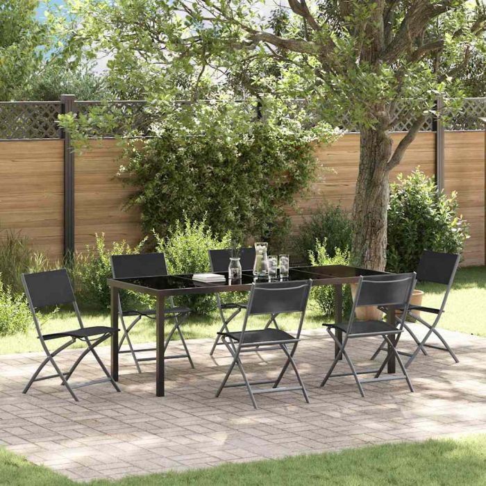 7 Piece Garden Dining Set Black Textilene and Steel